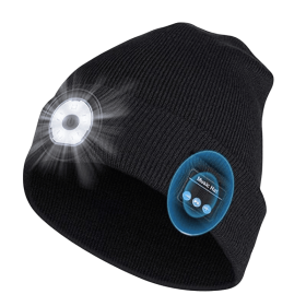Bluetooth Beanie with a Light, Unisex USB Rechargeable 4 LED Fashlight outdoor Hat with Cordless Headphones (Color: Black)