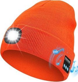 Bluetooth Beanie with a Light, Unisex USB Rechargeable 4 LED Fashlight outdoor Hat with Cordless Headphones (Color: Orange)